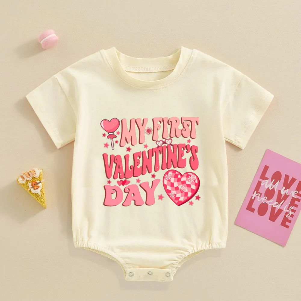 

My First Valentine Print Baby Bubble Romper Valentine Party Newborn Retro Bodysuit Short Sleeve Jumpsuit Infant Holiday Clothes