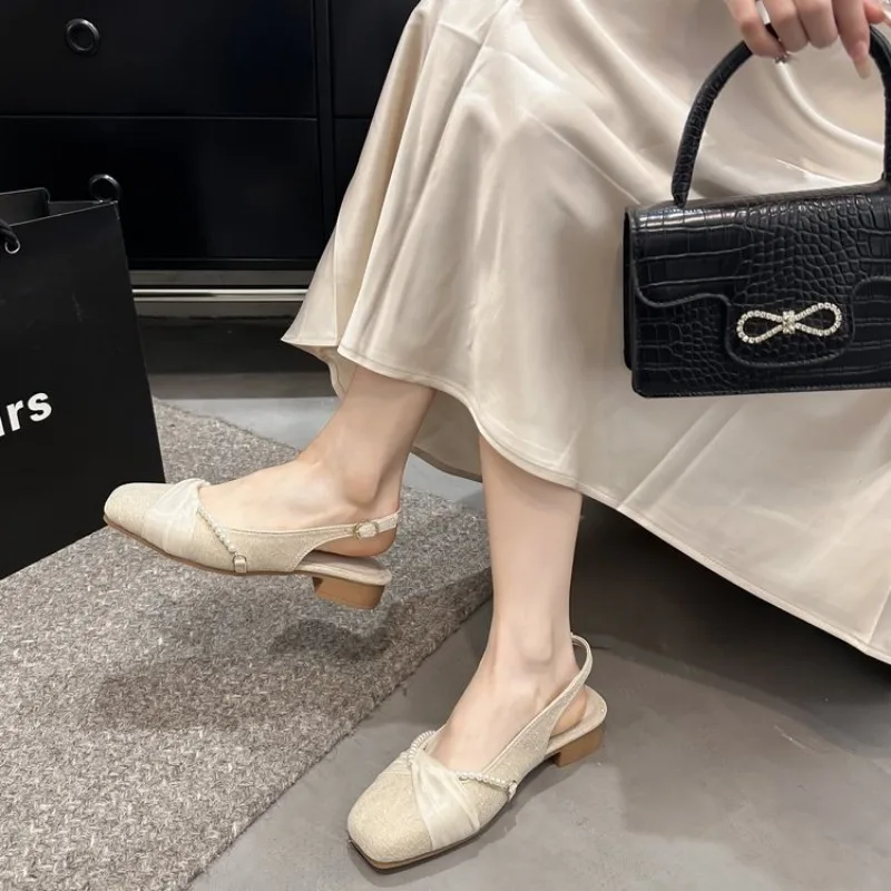 2026 Summer New Style French Women's Low Heel Sandals - Fashion Square-Toe Pearl Style Single Sandal -Wedding Shoes for Banquets