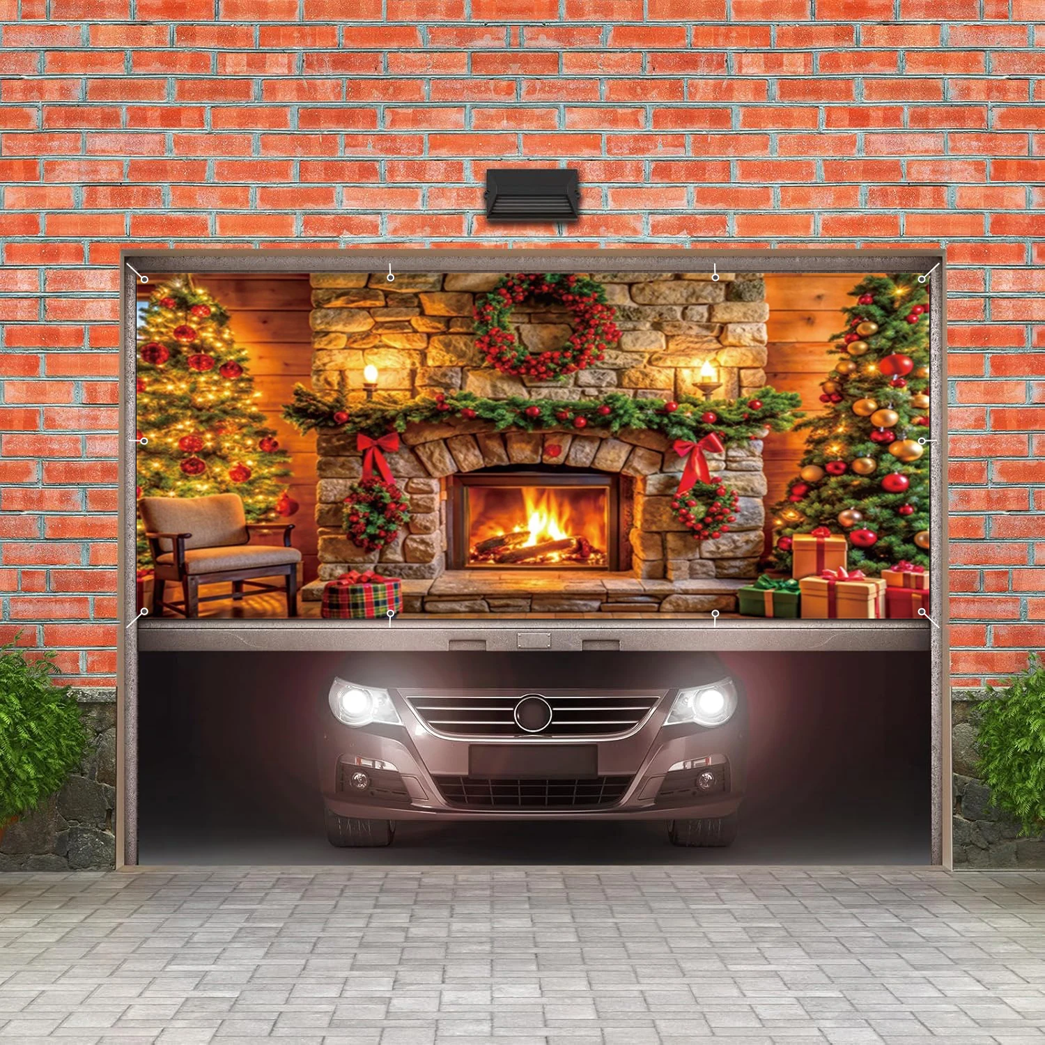 Christmas Fireplace Garage Door Backgrounds Xmas Tree Wreath Gifts Garage Wall Frame With Hooks For Outdoor Home Courtyard Decor