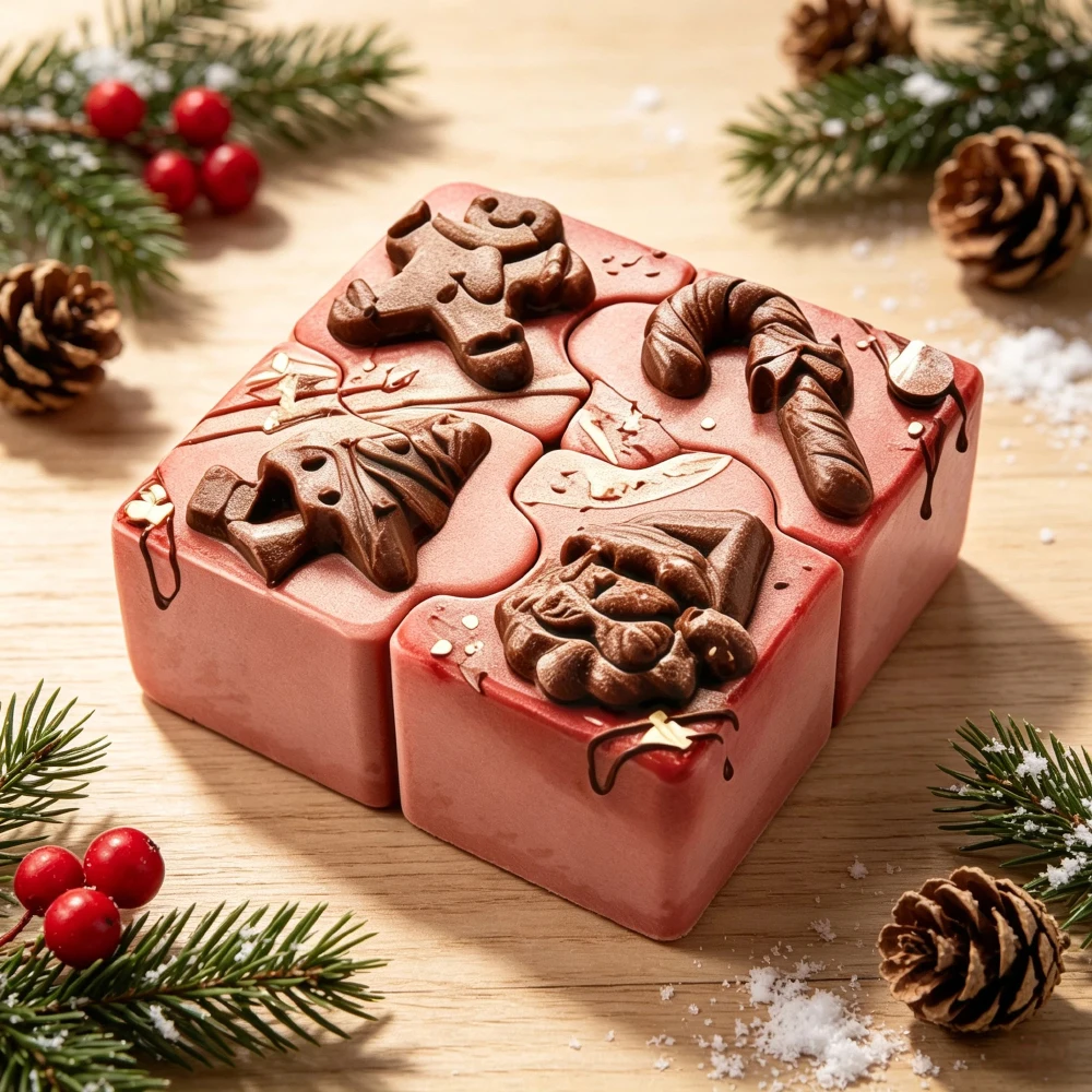 4-Cell Christmas Puzzle Design Dessert Baking Mold Snowman Christmas Tree Santa Claus Cane Design Silicone Chocolate Cake Mould