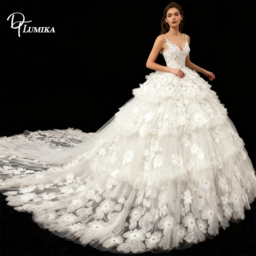 

DTLumika Princess Floral Lace Wedding Dress for Bride 2026, Spaghetti Straps Long Train Bridal Gown Customized Plus Size Bride