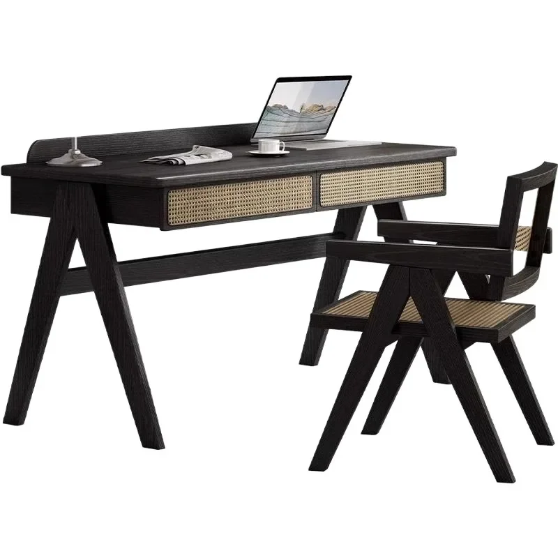 Nordic solid wood rattan desk French retro style ash wood dresser makeup table bedroom learning computer desk