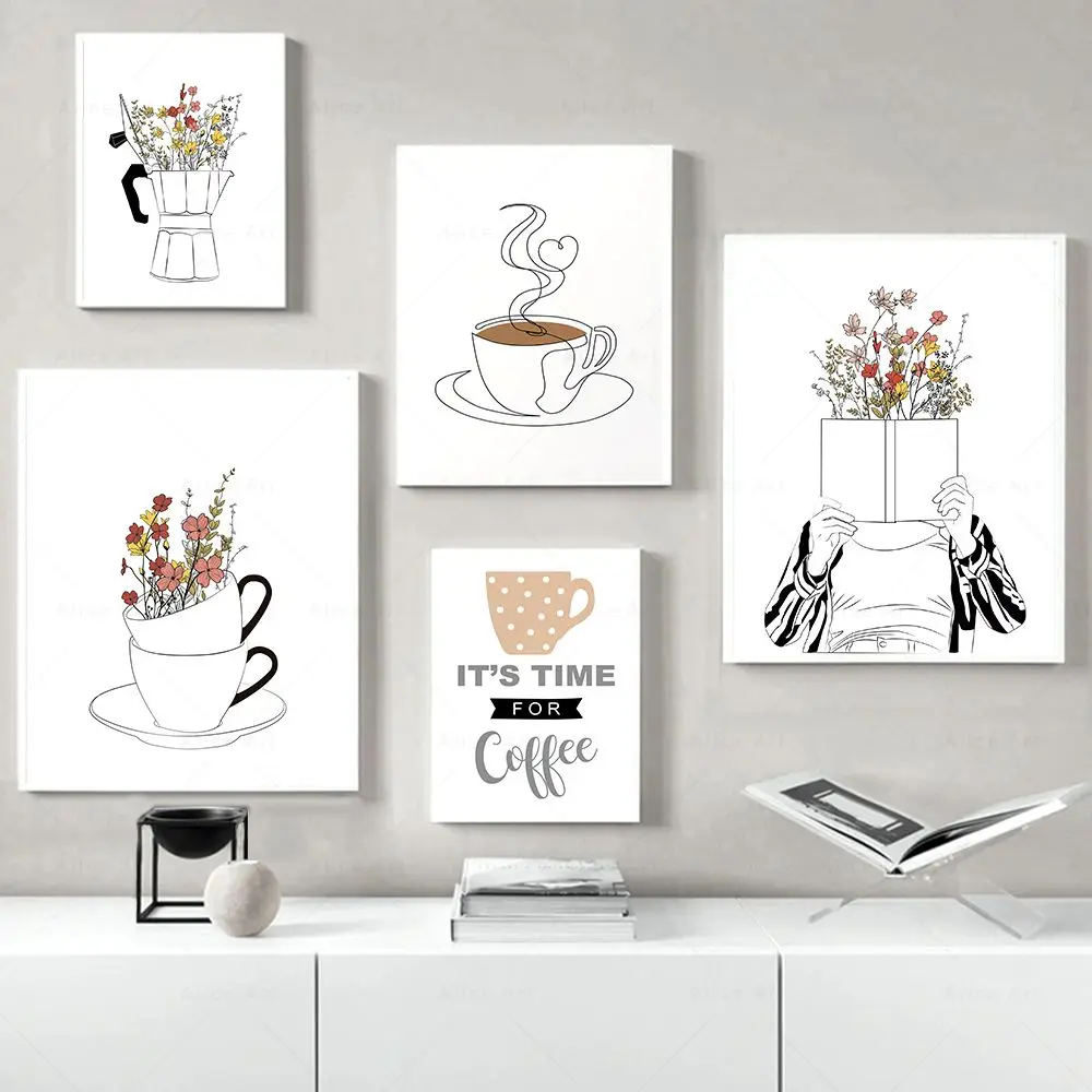 Nordic Coffee Flowers Wall Art Pictures Print Minimalist Line Coffee Mug Canvas Painting Cafe Shop Posters Kitchen Wall Decor