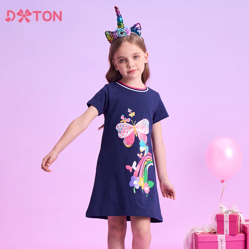 DXTON letnie dziewczęce sukienki na co dzień z krótkim rękawem sukienka dla malucha dla dziewczynek motylkowy kwiatowy nadruk dziecięca bawełniana sukienka dla dzieci 3-12 lat