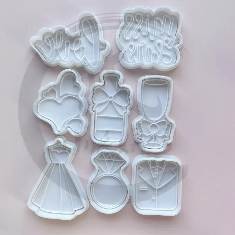 Wedding Cookie Cutter and Fondant Embosser Love Wedding Dress Diamond Champagne Biscuit Molds DIY Fondant Cakes Decorations Tool