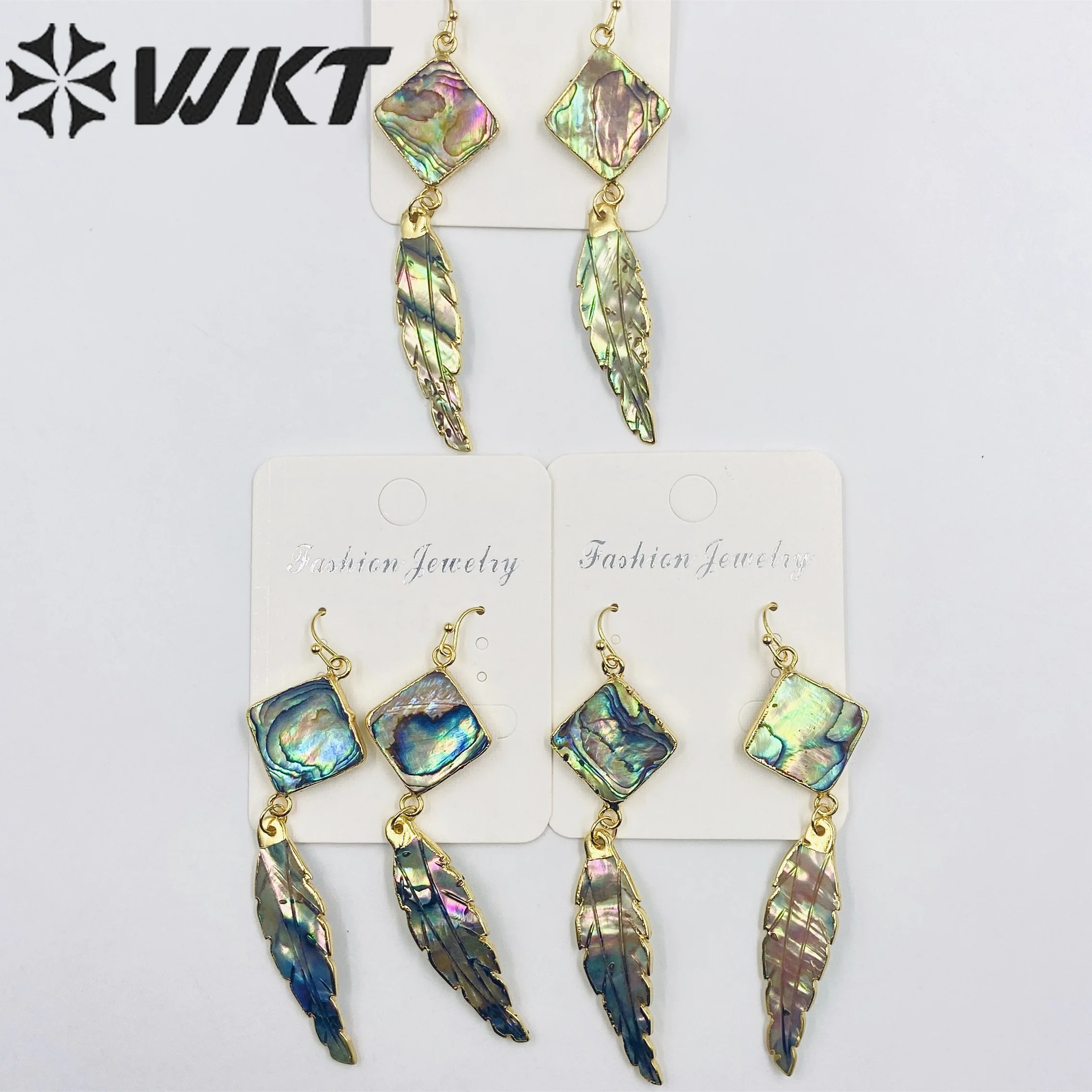 WT-E326 Wholesale Natural Square Abalone With Feather Charm Dangle Earring With 18k Gold Electroplated Shell Decoration