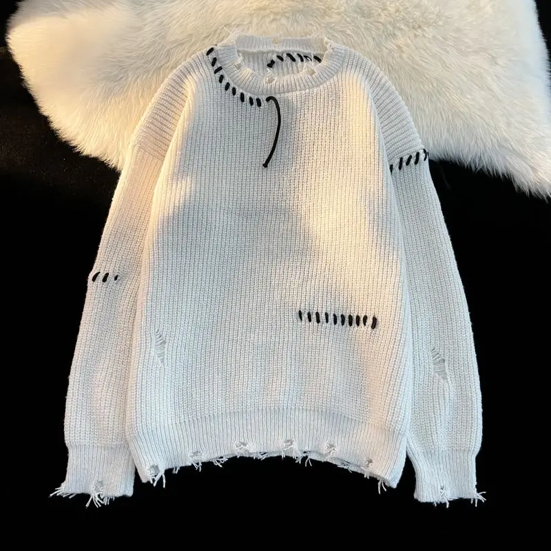 

Мужской вязаный свитер с дизайном в виде отверстий и швов, круглый вырез, осень-зима, в стиле High Street, американский ретро-стиль, из полиэстера.