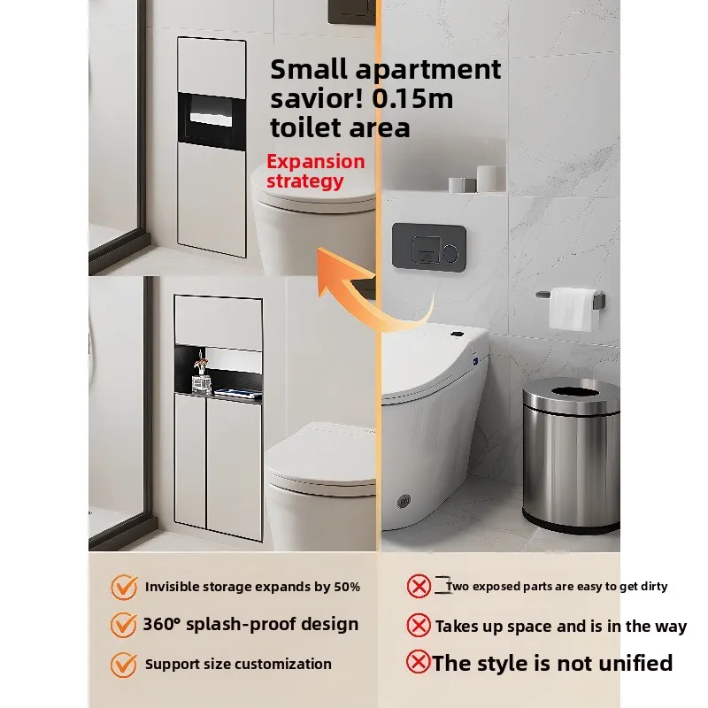 

Customized bathroom hidden 304 stainless steel trash can embedded tile toilet wall niche toilet storage