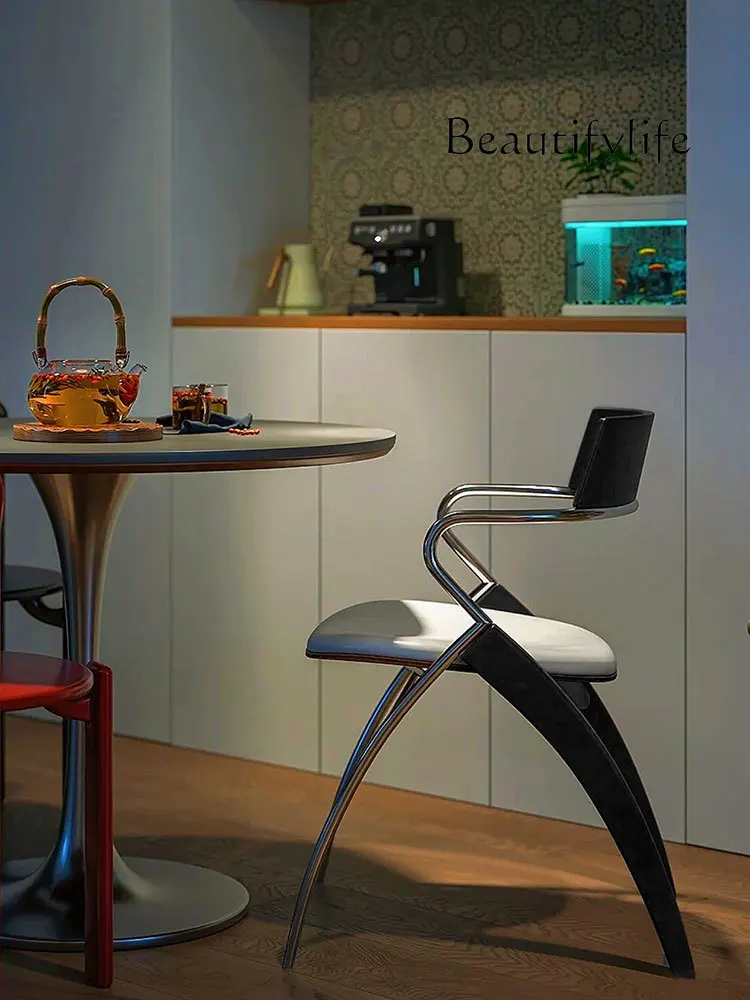 Medieval backrest armrest solid wood dining chair small apartment bedroom balcony office stainless steel comb makeup stool