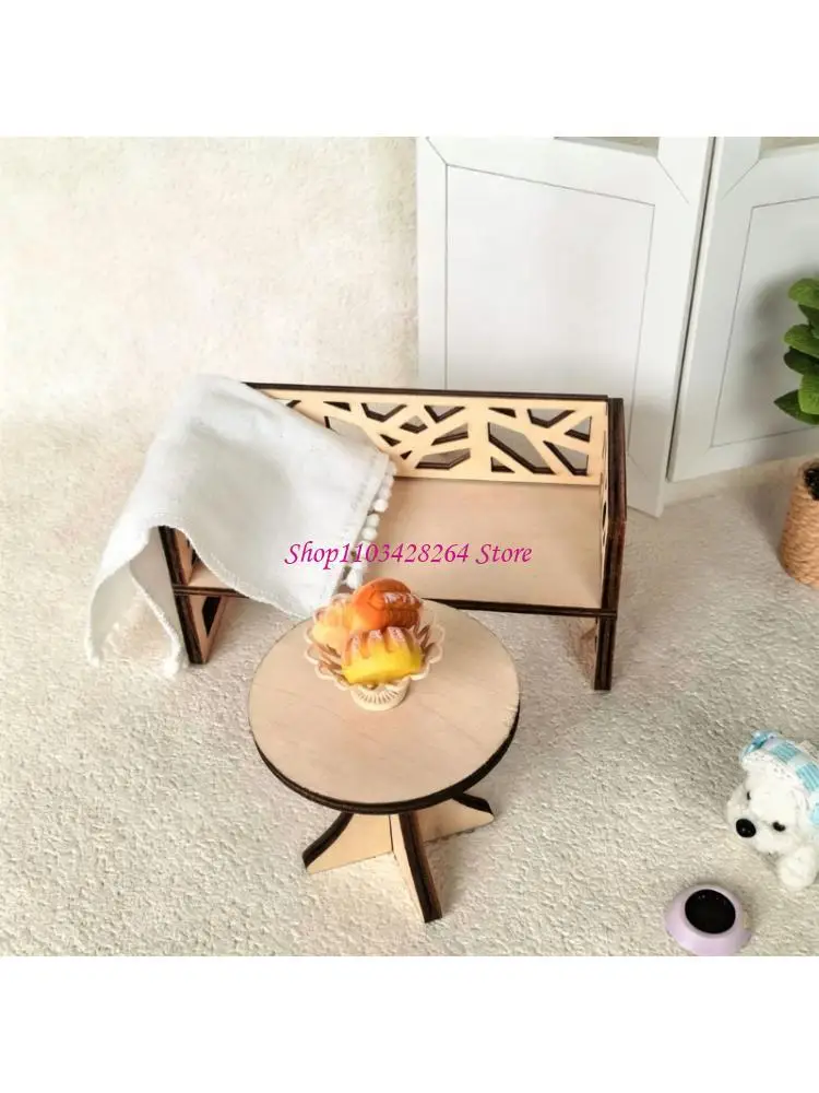 Handcrafts 1:12 Scale Doll House Dining Set Featuring Artistic Openwork Wooden Table And Chairs for Scene Furnishing