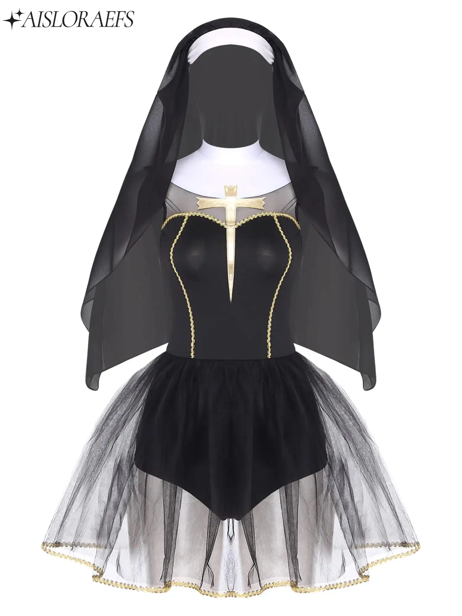 

New Womens Halloween Nun Cosplay Costume Sister Clergy Dress-up Party Outfit 2-layer Tulle Hem Built-in Briefs Dress+Wimple Hood