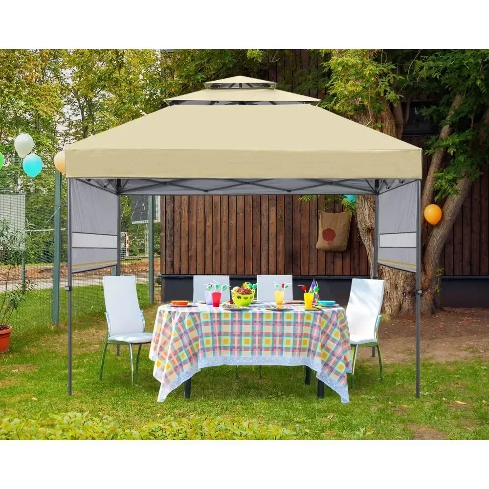 Toldo de Gazebo emergente de 3 niveles, toldo instantáneo con toldos dobles ajustables, color Beige, suministros de Camping sin carga