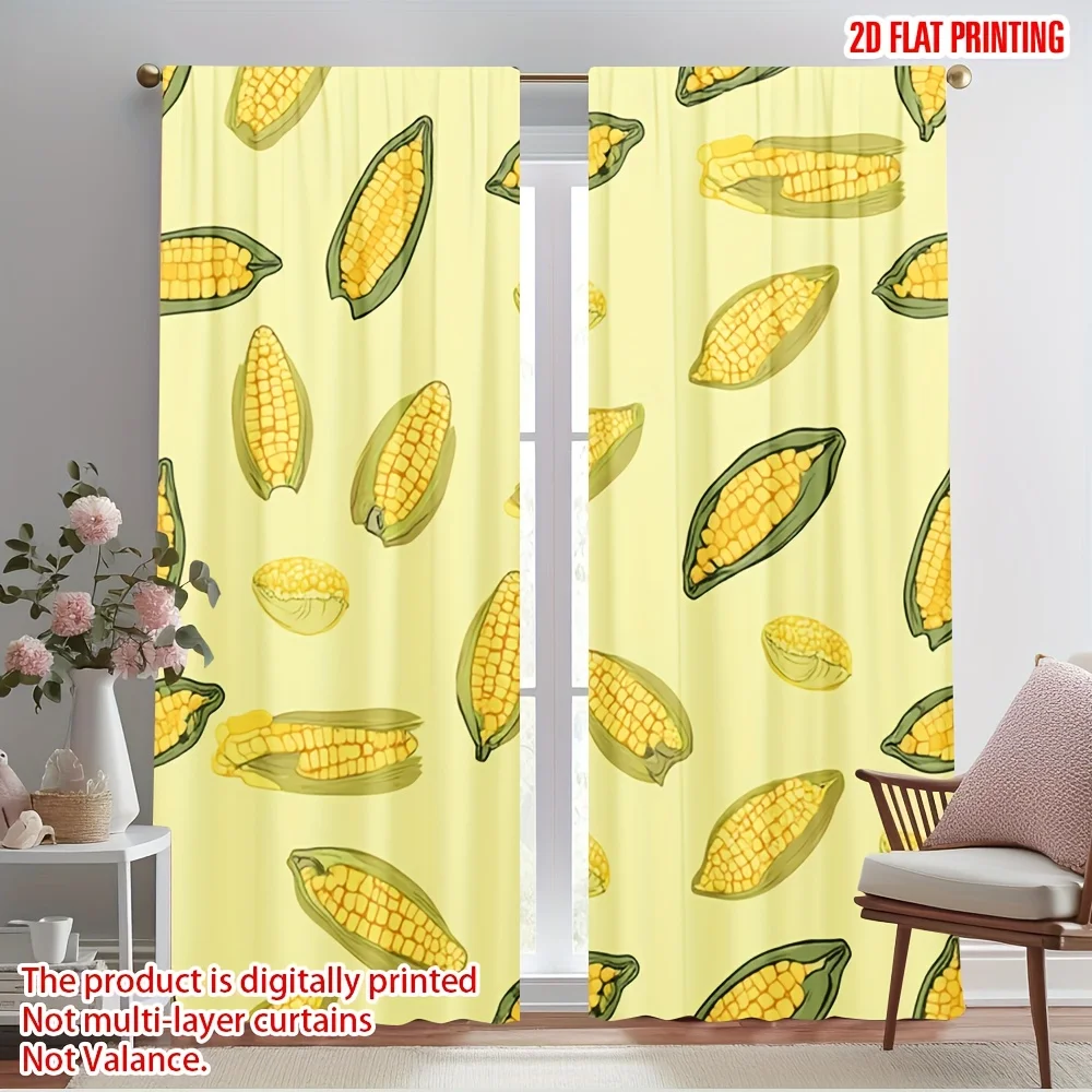 Yellow Corn Curtain, Vegetable Pattern Window Drape, Farmhouse Kitchen Blackout Panel, Dining Room Home Decor