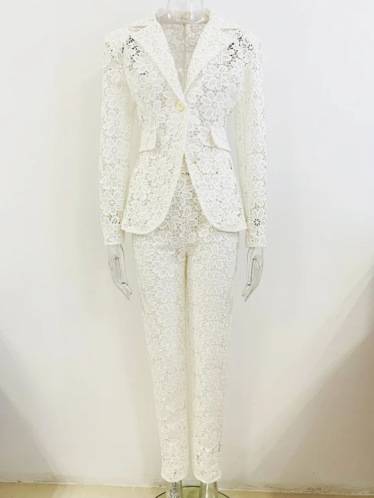 White Lace Blazer Pants Set Women 2023 New Water Soluble Lace Pencil Pants Suit Slim Fit Trousers Jacket 2 Piece Set Outfits