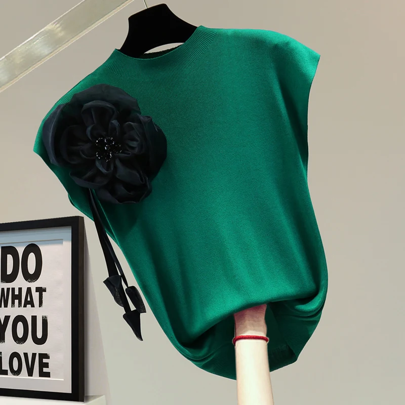 

Fashion 3D Beads Flower Sleeveless Tshirt Women 2023 Spring Summer Korean Solid Causal O-neck Knitted Graphic T Shirts