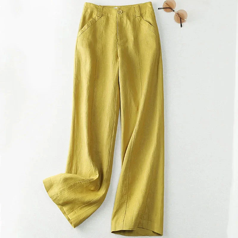 Women Cotton And Linen Wide Leg Pants Female Solid Color Loose Fitting Flax Straight Leg Trousers Ladies Leisure Flax Pantalons