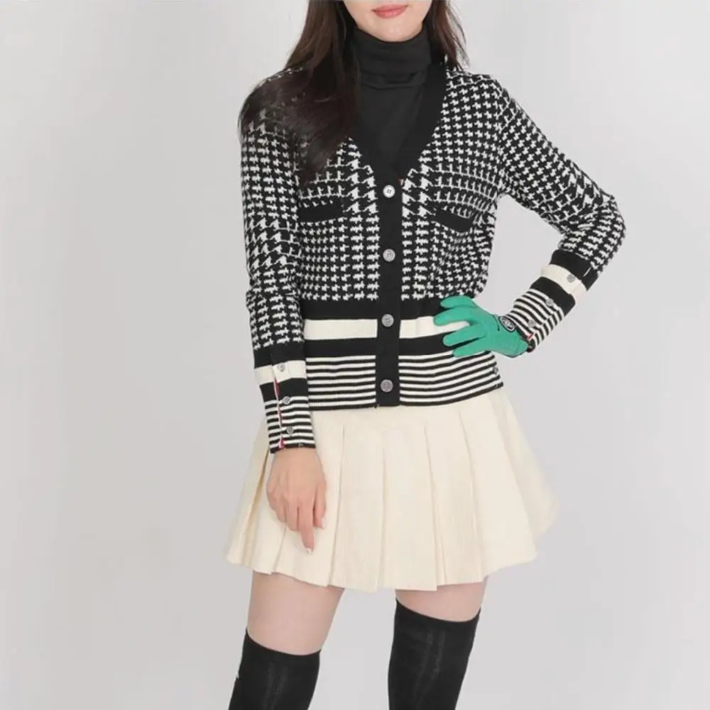 New Women's Spring and Autumn Knitted Plaid Golf Cardigan V-neck Long-sleeved Sweater Houndstooth Top Versatile Jacket