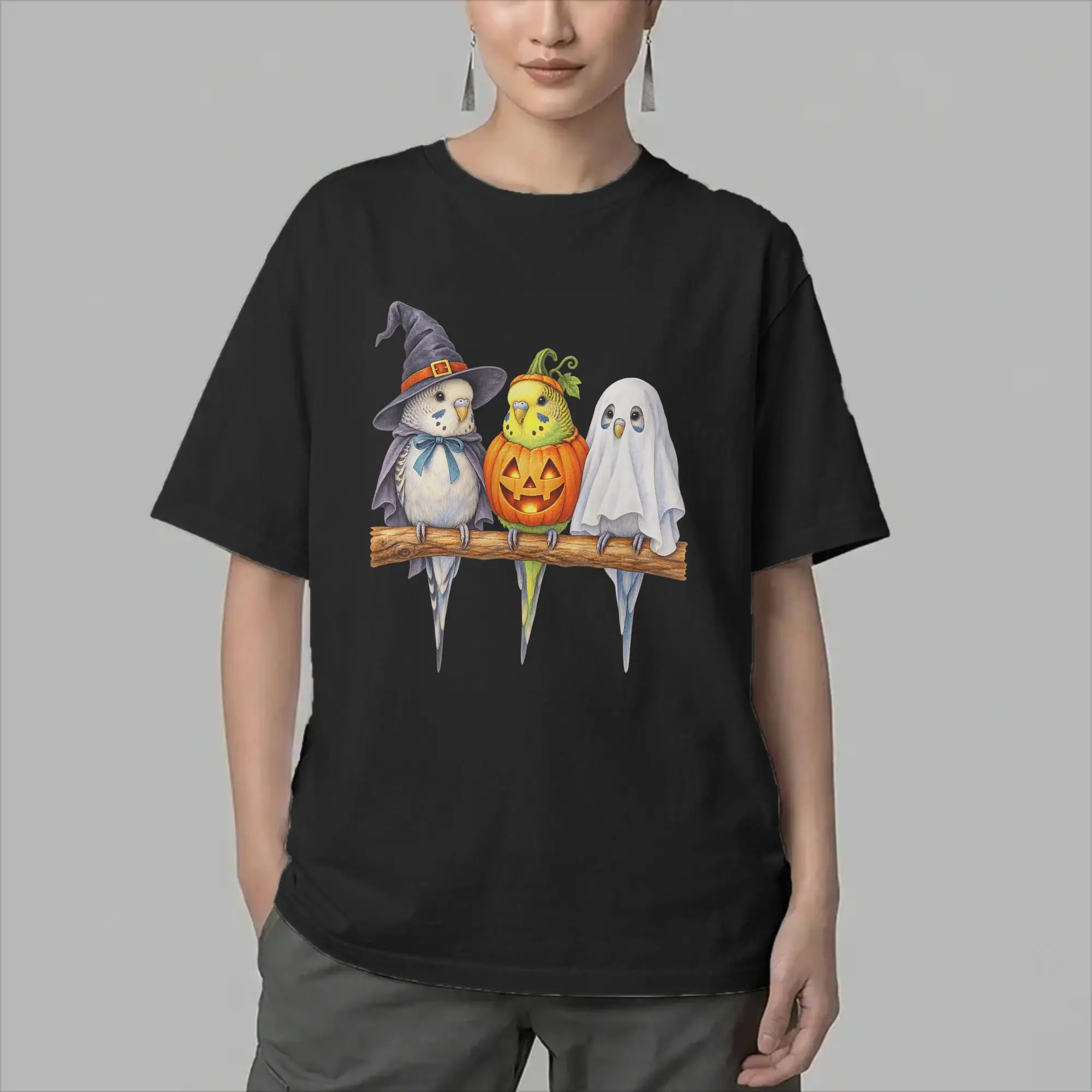Funny Halloween Budgies Parakeet Cute Bird  T Shirts Men's Cotton T-Shirts O Neck  Tee Shirt Short Sleeve Clothes Gift Idea