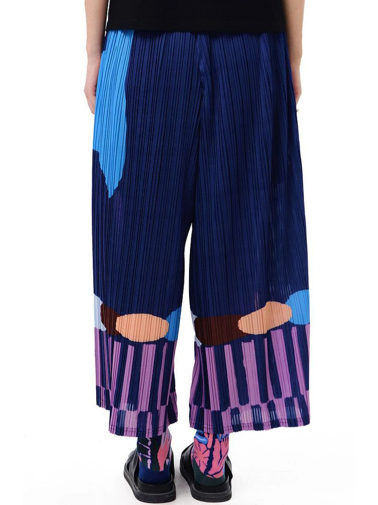 Pleated summer new FUN series elastic waist pocket fun printing casual straight-leg pants women trousers
