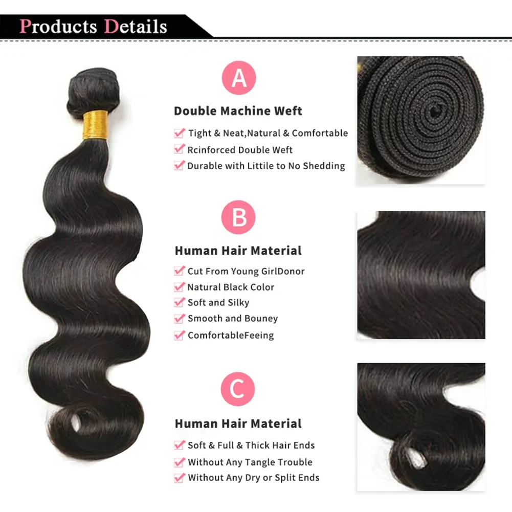 Body Wave Bundles Human Hair Brazilian Hair Weave Bundles Natural Black Human Hair Extensions 3 PCS Bundles