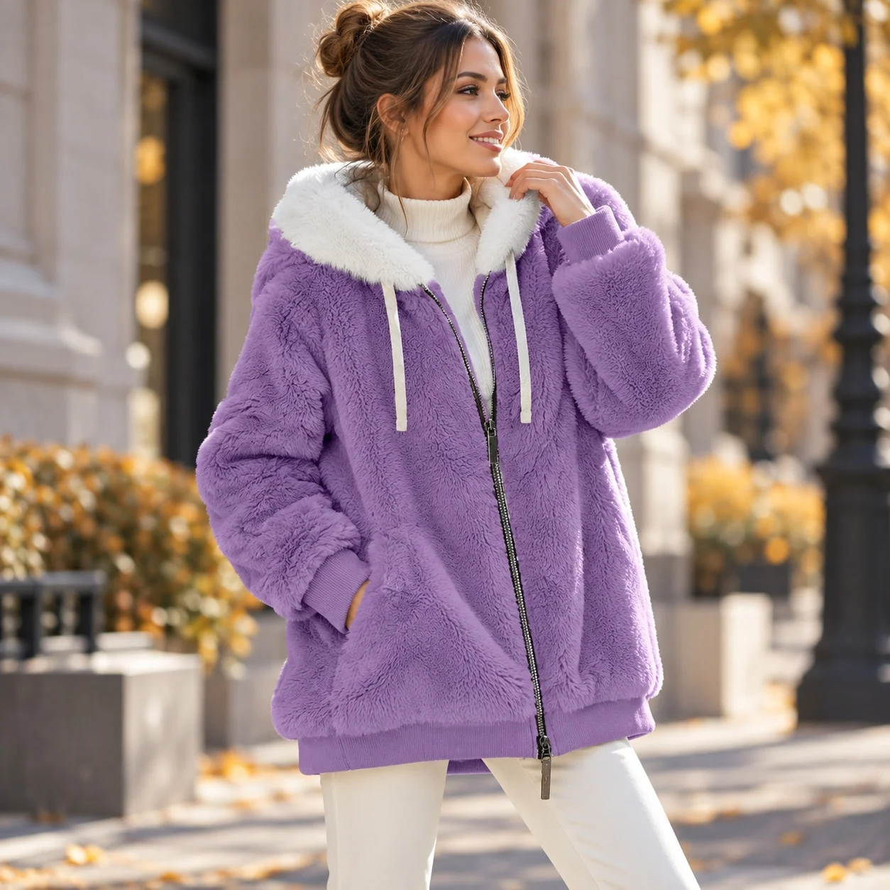 Loose Fit Hooded Coat Regular Length Edgy Street with European and American Style Single Zipper Long Sleeve Patchwork Women Coat