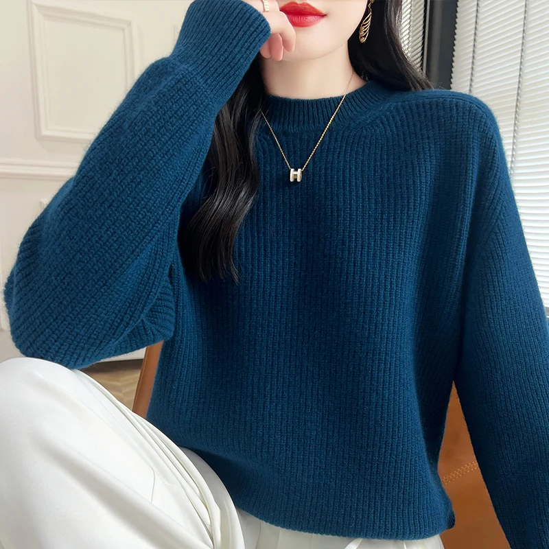 Autumn and winter new women's sweater 100% Merino wool sweater long sleeved pullover cashmere O-neck thick solid color loose top