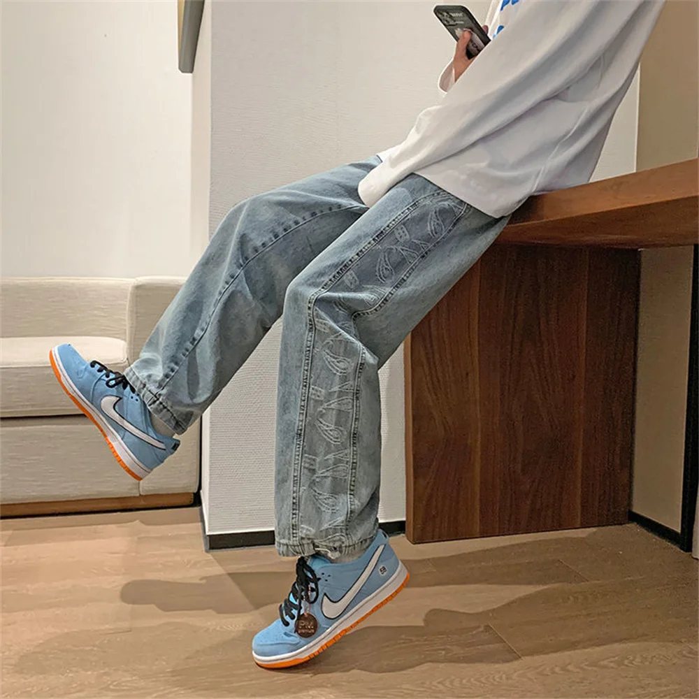 봄 와이드 레그 청바지 남성 패션 캐주얼 한국 청바지 남성 streetwear 루즈 힙합 스트레이트 데님 바지 남성 청바지