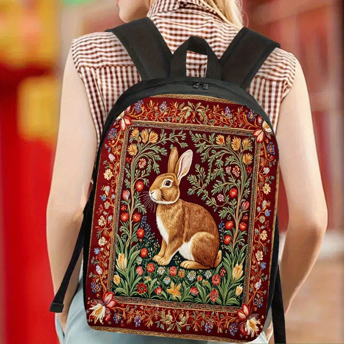 

1 piece embroidered rabbit 17-inch backpack - large capacity, light and durable, adjustable shoulder straps