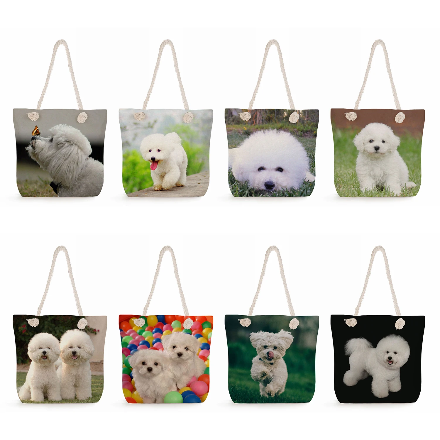 Bichon Hond Dierenprint Schoudertas Eco Herbruikbare Outdoor Casual Vrouwen Grote Capaciteit Vrouwelijke Boodschappentas Handtassen Strandreizen