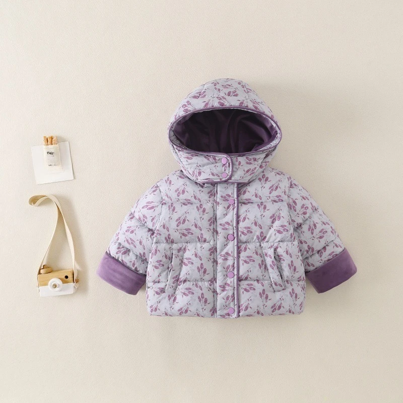 2026 Winter New Style Printed Hoodie Windproof Buckle Thick Color Blocked Cuffs Cotton Jacket
