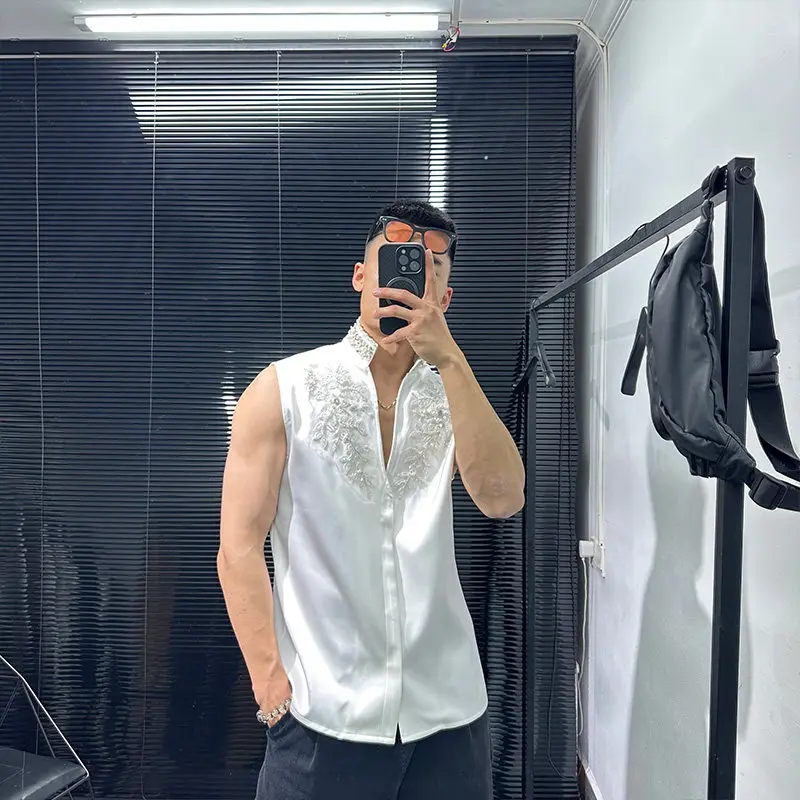 Dark High-Grade Handmade Pearl Sleeveless Shirt Machine Embroidery Design Loose Casual Vest Men and Women