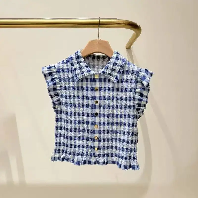 

Elegant Blue Plaid Elastic Waist Shirt with Pleated Flounce Sleeves for Women Spring 2026 Fashion Style Polyester Fiber