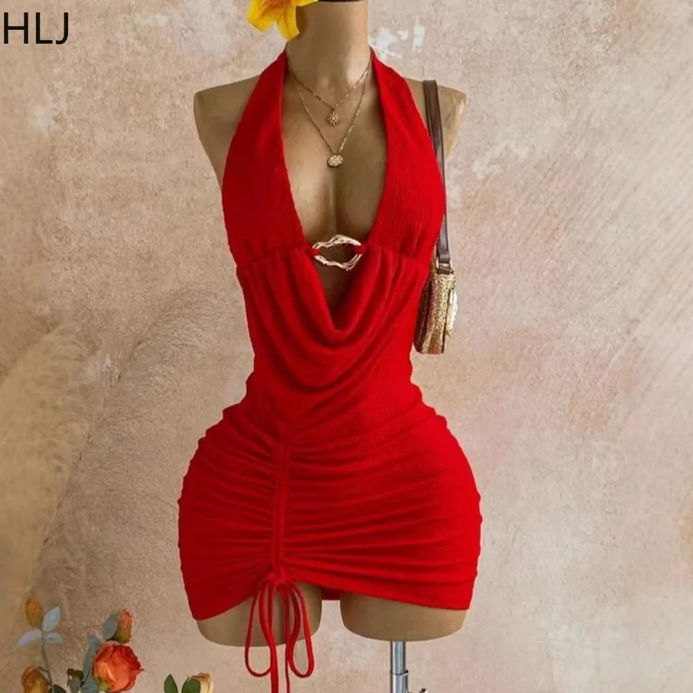 HLJ Sexy Solid Color Metal Buckle Bodycon Dresses Woman Drawstring Patchwork Halter Backless Dress Female Streetwear Vestidos