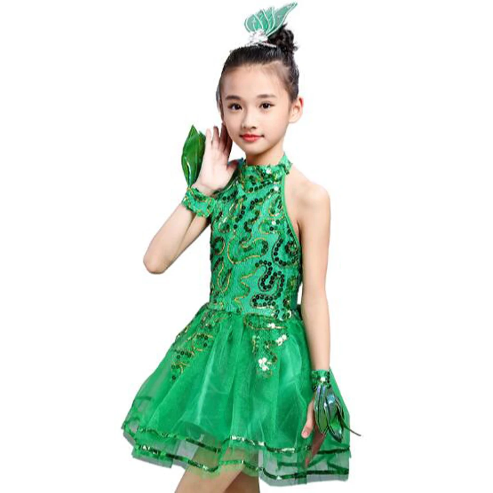 Bling Girl Latin Dancewear Kids Veil Dresses Students Green Tutus Sequined Stage Perform Costumes with Gift Flowers