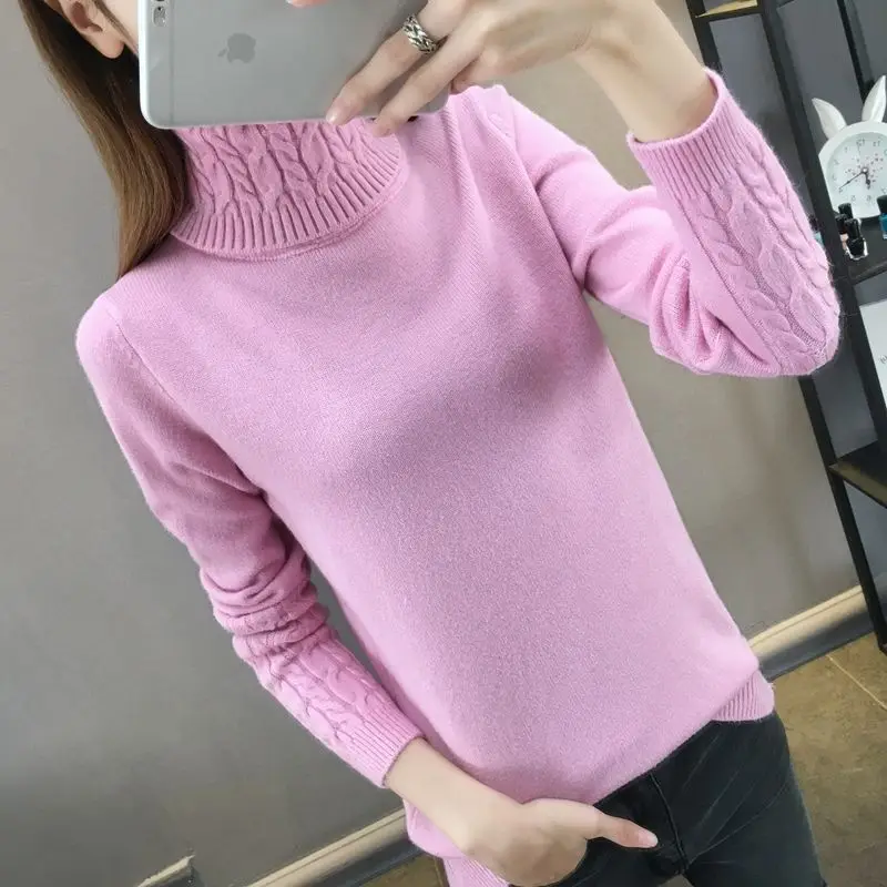 Women\'s Clothing Solid Color Pullover Long Sleeve Turtleneck Paisley Sweater Knitted Casual Fashionable Autumn Winter Tops