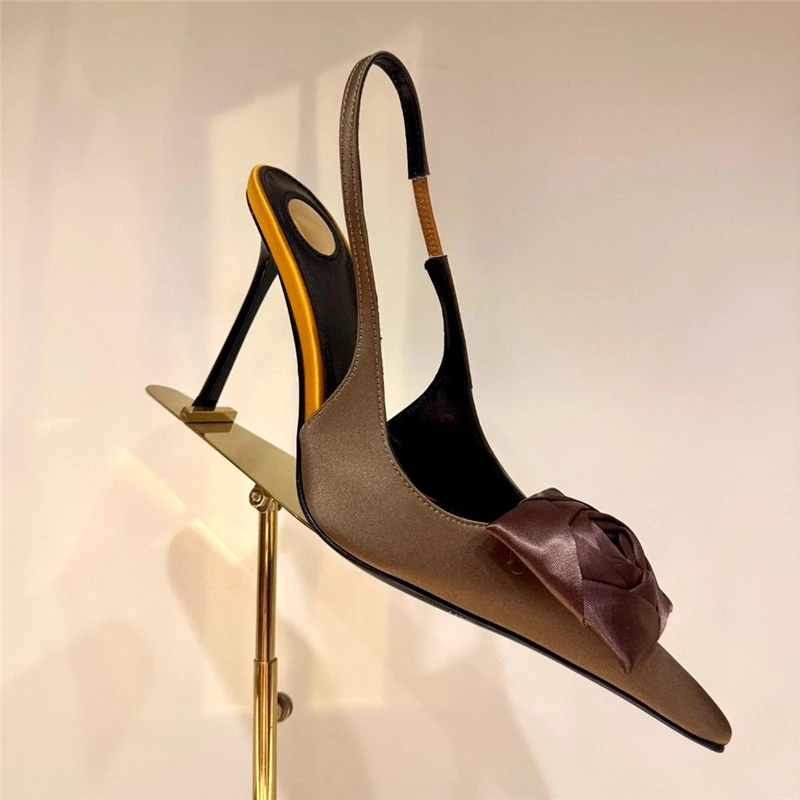 

Thin high-heeled sandals spring and summer new pointed silk rose flower sexy single shoes banquet dress large size women's shoes