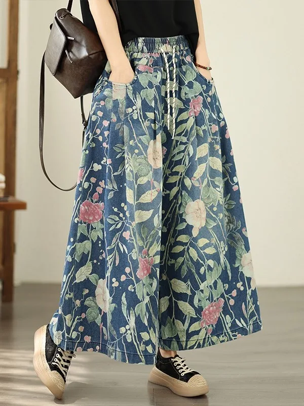 

Casual Printed Wide Leg Jeans Elastic Loose Slimming Summer New Style plus Size Women's High Waist Straight Cut Denim Pants