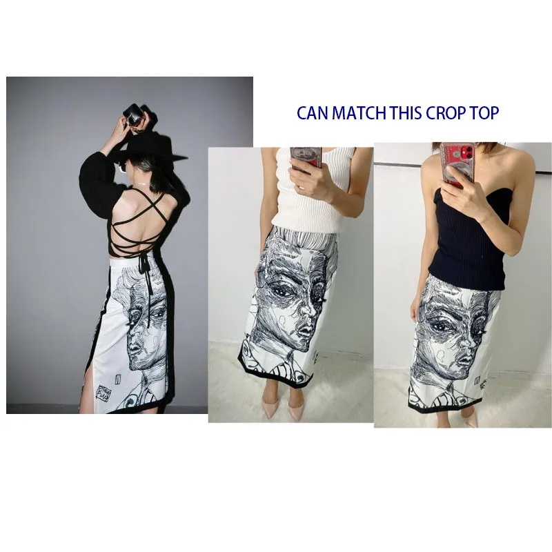 Getspring Women Skirt Long Split Print Character High Waist Skirts Color Matching Vintage All Macth spring summer Skirts 2021