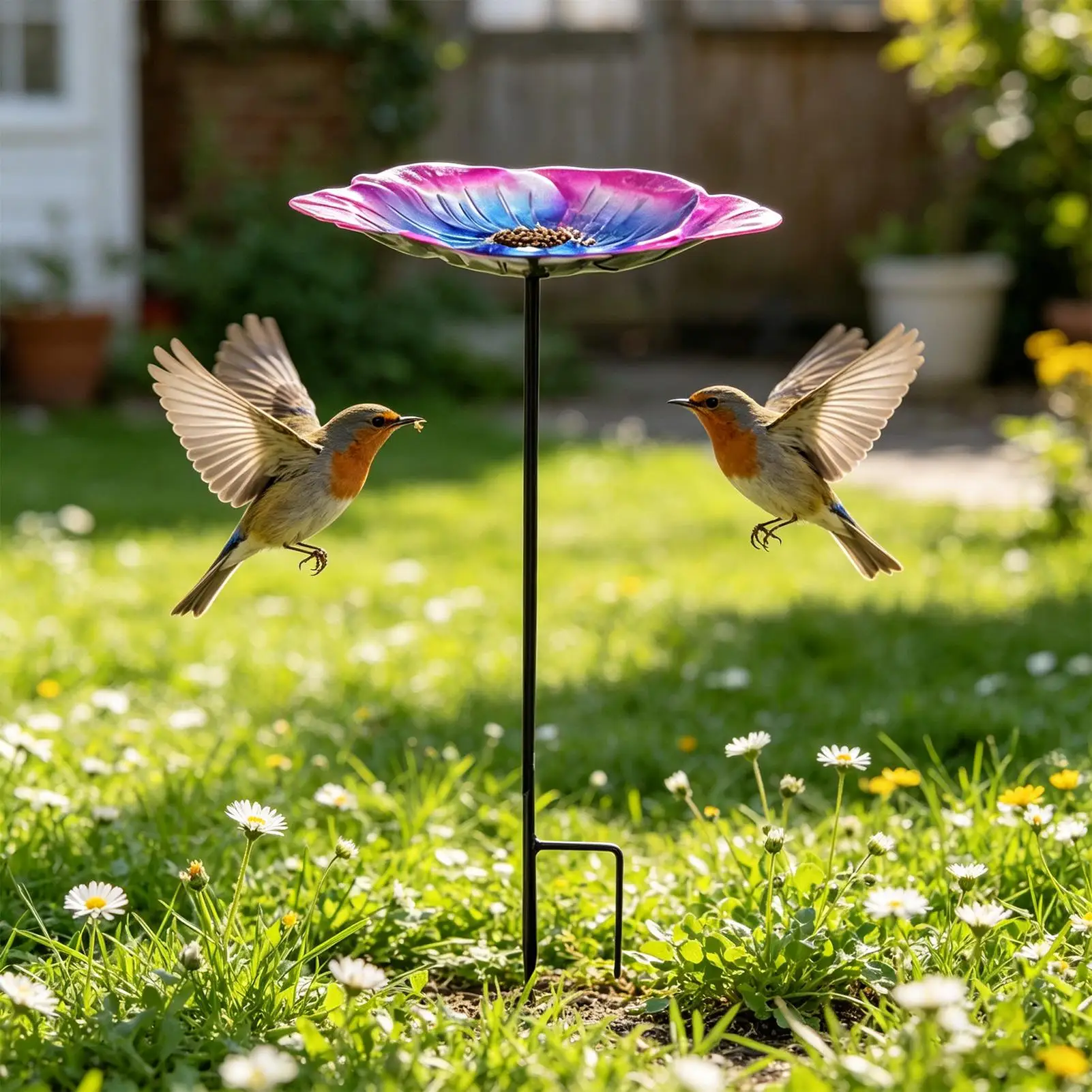 

Flower Bird Bath 63cm Metal Bee Watering Station Heavy Duty Outdoor Bird Bath with Stake for Hummingbird Bee Butterfly Garden