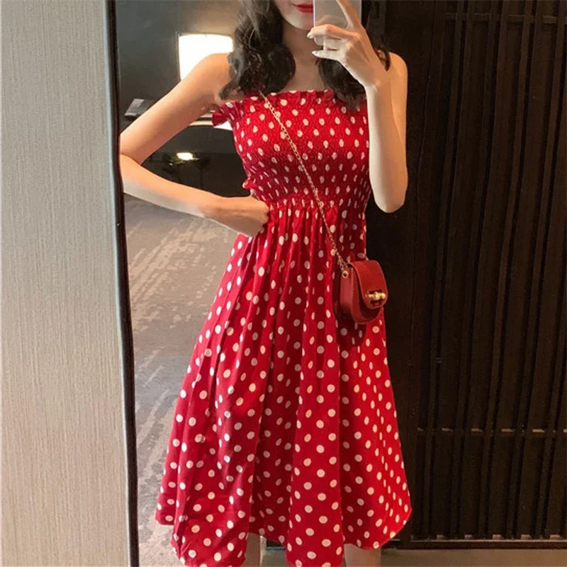 Damen Sommer Polka Dot Chiffon Langes Kleid Elegantes Quadratischer Ausschnitt Ärmelloses Kleid Lässige Damenkleider – Detail 22
