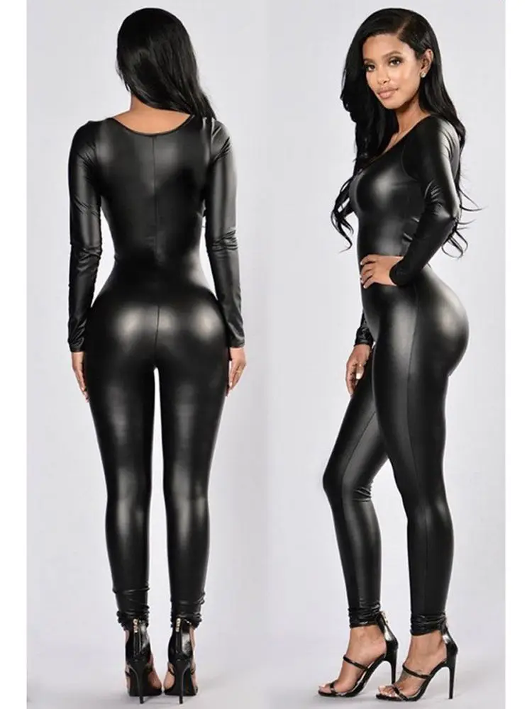 Elastic PU Leather Long Sleeve Catsuit Tights Cosplay Bodysuit Conjoined Leotard Sexy Clubwear Lingerie Unitard Teddies Jumpsuit