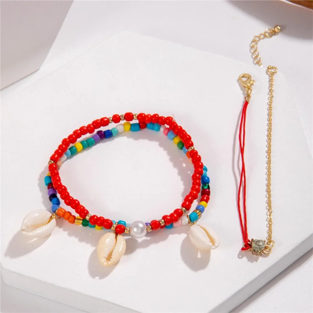 Tobillera de concha para mujer, pulsera de tobillo con cuentas pequeñas ajustables coloridas, tobillera de cuentas de arroz de estilo bohemio 2024