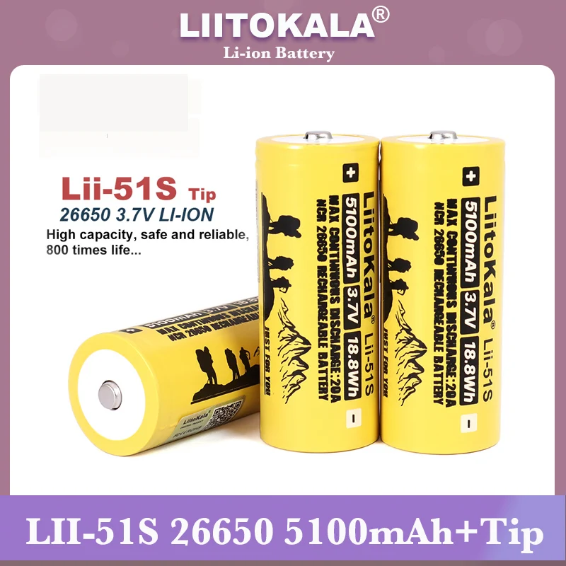 Hot Liitokala LII-51S 26650 20A 3.7V Power Rechargeable Lithium Battery 26650A 5100mA Suitable For Flashlight (NO PCB)