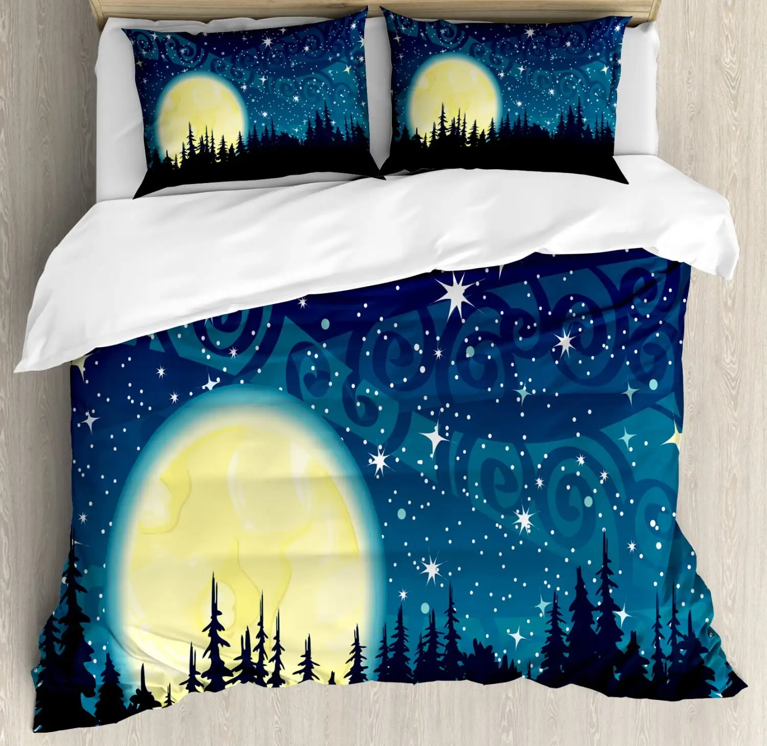 Fantasy Duvet Cover Set Queen Size, Enchanted Forest and Castle with Mushrooms Starry Night and Full Moon Footpath,comfortable