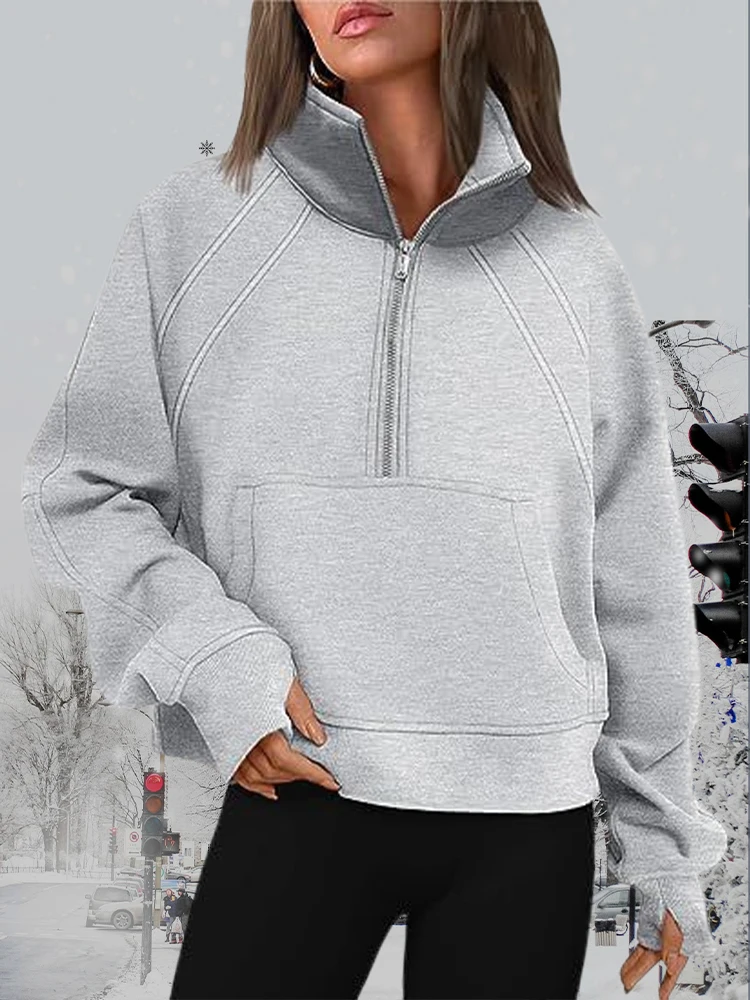 Autunno Casual Donna Colletto alla coreana Mezza zip Felpe Tinta unita Custodia a marsupio Pullover Allentato caldo Abbigliamento sportivo a maniche lunghe