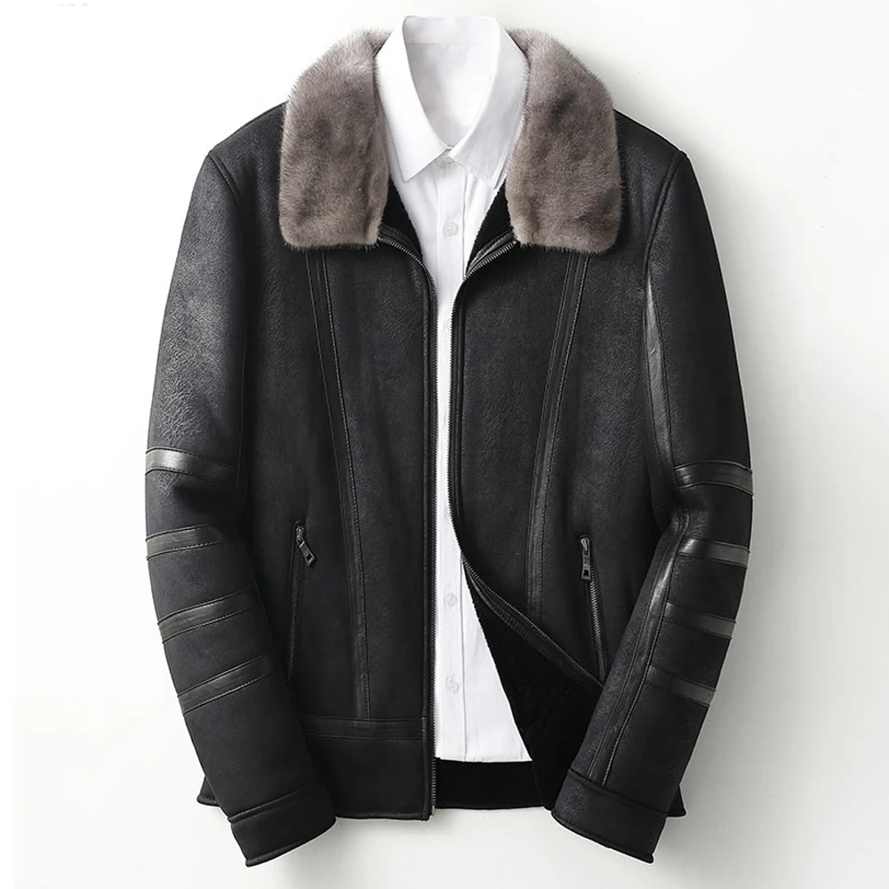 

Automotive Mens Mink Fur Leather Jacket Slim Fit Short Sheep Fur Lined Coat Genuine Leather Jackets Winter Velvet Topcoat 5XL