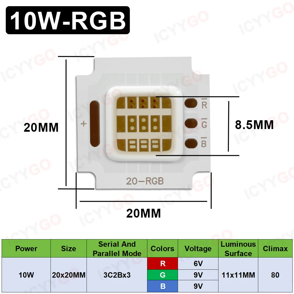 High-Power 4640 RGB 10W 20W 30W 50W COB Light Source LED Chip Red Green And blue Light Luminous Surface 11mm 25mm