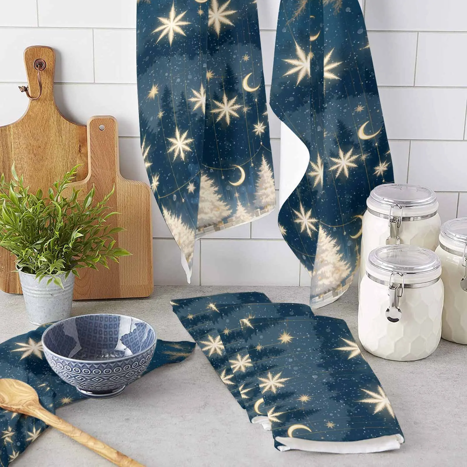 Christmas Tree Stars Moon Gift Snowflakes Printed Tea Hand Towel Kitchen Dishcloth Water Absorption Household Cleaning Cloth