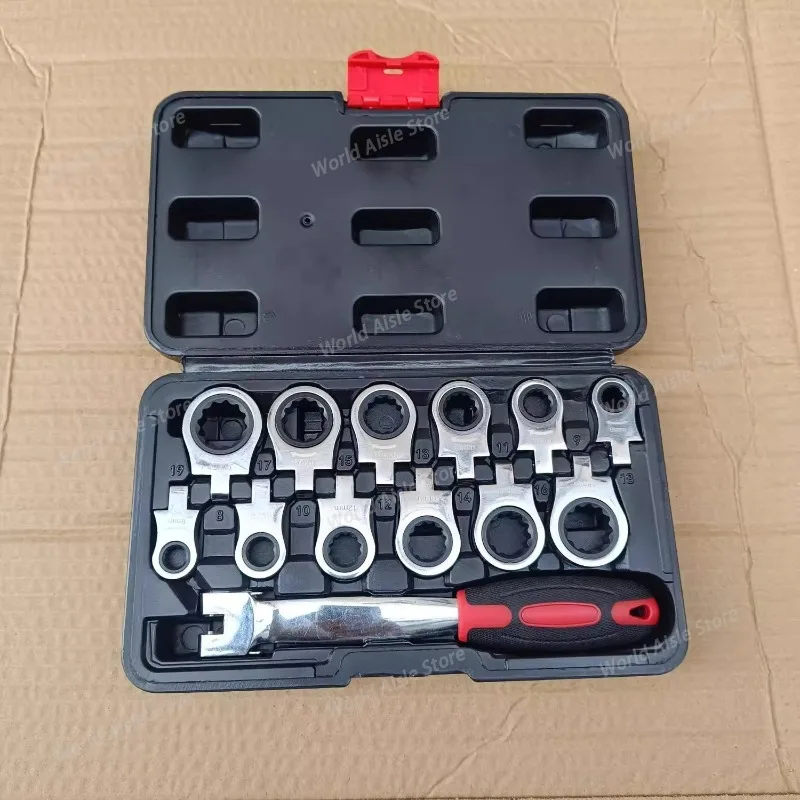 12-piece Plastic-coated Box Interchangeable Head Ratchet Wrench Set, Quick Adjustable Head Combination 72-tooth Auto Repair Tool