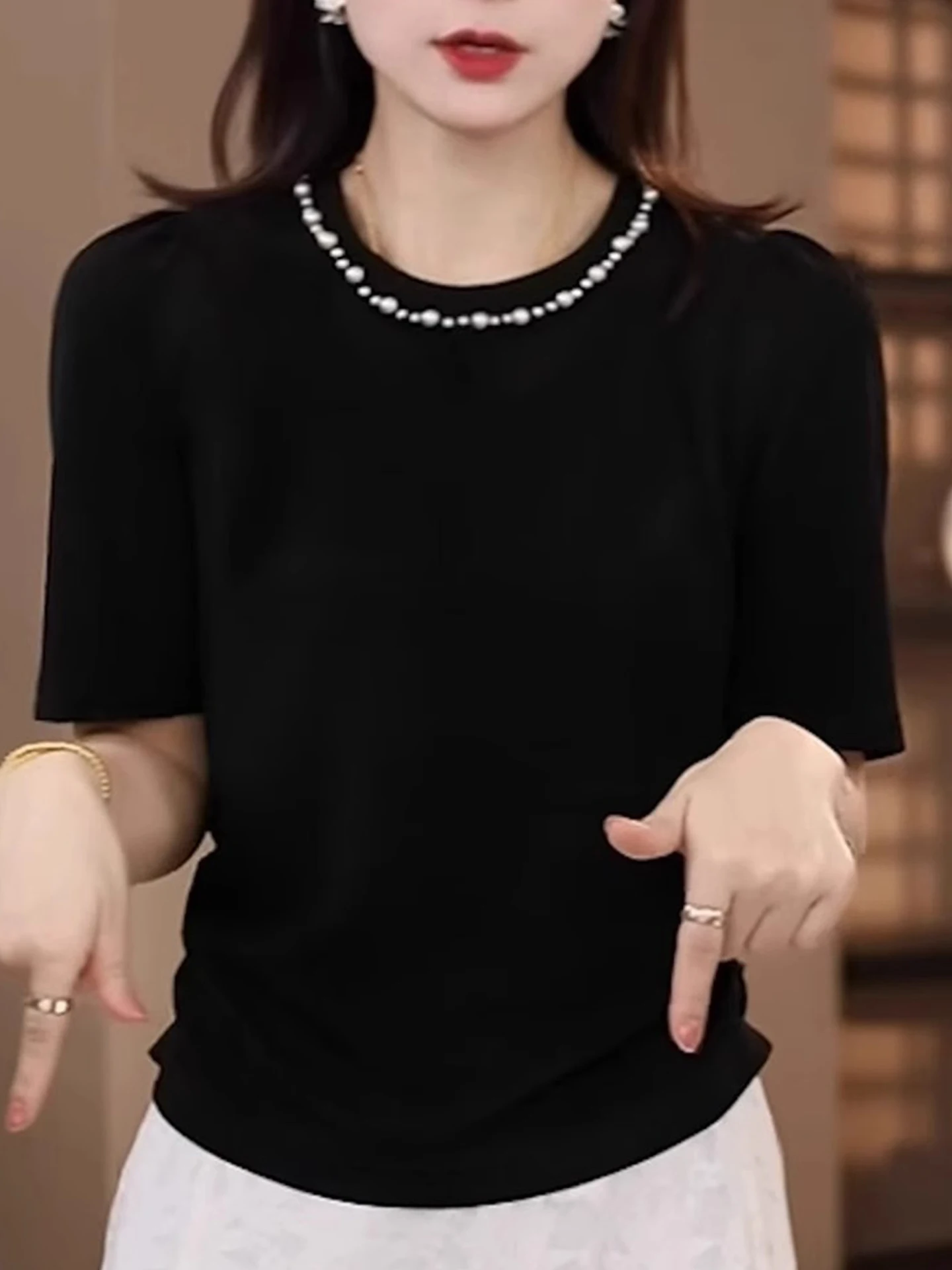 

Faionable Color Heavy Embellied round Ne ort Sve T-irt Design Sensation Summer 2025 Commute Sle Pure Col...